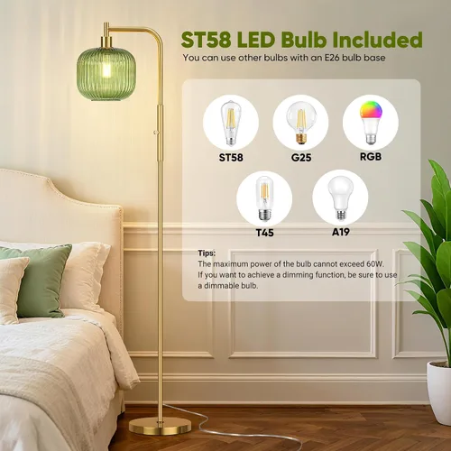 Vista 6 de QiMH Lámpara de pie de vidrio para sala de estar, lámpara de pie moderna con pantalla de vidrio acanalada verde, interruptor giratorio regulable