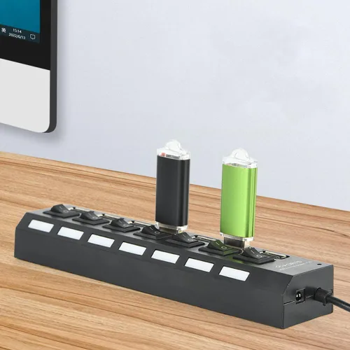 Vista 3 de Hub USB de 7 puertos con interruptor de encendido/apagado, negro