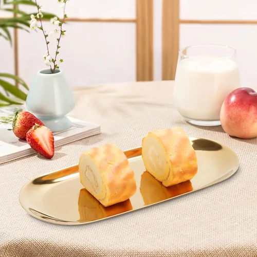 Vista 4 de Bandeja de acero inoxidable para toallas/platos, bandejas de almacenamiento de té/frutas, organizador de cosméticos y joyas, dorado, ovalado