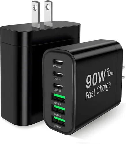 Vista 20 de Bloque de cargador USB C GaN de 90 W, cargador de pared USB C de 6 puertos de carga rápida, adaptador de corriente PD de 45 W para iPhone 17Pro
