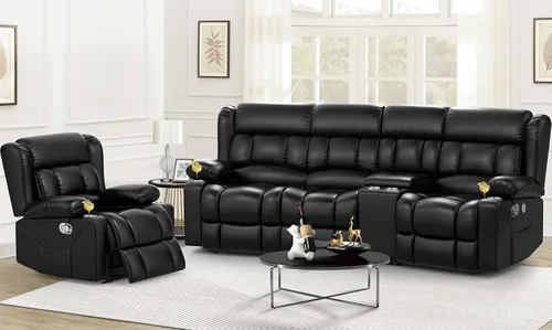 Vista 19 de Dresegmt - Juego de sofá reclinable con consola, diseño de respaldo central abatible, sofá de 3 plazas y sillón reclinable individual, sofás Gris