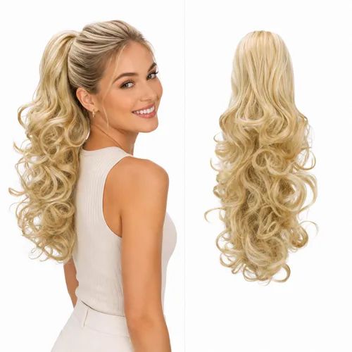 Vista 15 de CAISHA Extensiones de cola de caballo de 18 pulgadas, voluminosas, onduladas, marrón ceniza, mezcla de rubio claro PH35