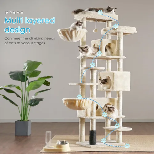 Vista 7 de Hey-brother Árbol de Gato, torre de gato de varios niveles XL de 74 pulgadas para gatos de interior con tres condominios para gatos, dos plataformas
