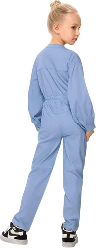 Vista 3 de Kukume Girls Long Sleeve Button Down Jumpsuits Rompers Straight Leg Cargo Pant with 5 Pockets