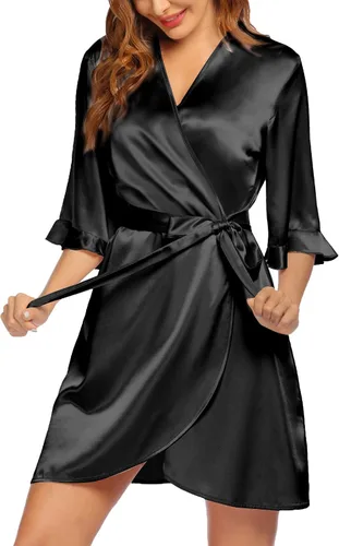 Vista 2 de Ekouaer Bata de satén para mujer, lencería de San Valentín para mujer, kimono, bata corta con volantes, cinturón, ropa de dormir para damas de honor