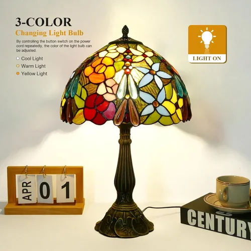 Vista 2 de Tiffany - Lámpara de mesa de 12 x 12 x 19 pulgadas, lámpara de mesa multicolor estilo flores, lámpara de vitral, mesita de noche, luz de escritorio