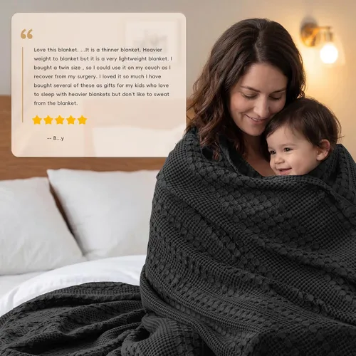 Vista 7 de PHF Lightweight 100% Cotton Waffle Blanket for Bed, Queen, Black 14 negro