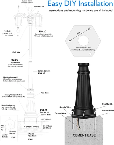 Vista 8 de VIANIS Luces de poste de lámpara para exteriores con sensor de atardecer a amanecer, accesorios de luz de poste de calle de triple cabeza, postes