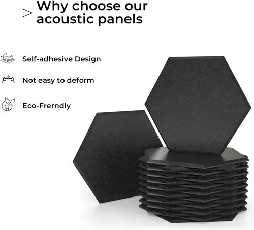 Vista 11 de Paquete de 18 paneles acústicos autoadhesivos hexagonales negros de 12 x 10 x 0.4 pulgadas, paneles de pared insonorizados de alta densidad que