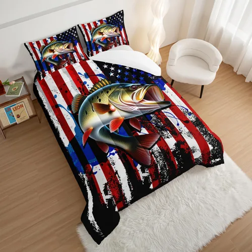 Vista 2 de HOSIMA Juego de edredón de pesca de lucio grande, juego de cama de caza y pesca con patrón de bandera estadounidense de perca, tamaño individual