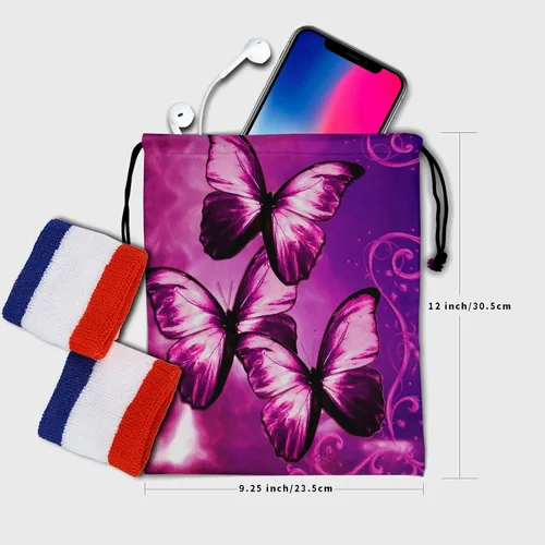 Vista 6 de Bolsa de agarre de gimnasia de piel de animal, bolsa de gimnasia con cordón ajustable, bolsa de cuerda para fauna silvestre, Mariposas Galaxy