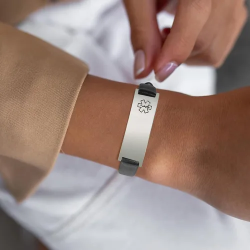Vista 25 de MPRAINBOW Pulsera de alerta médica personalizada para mujer, correa de reloj de cuero genuino, grabado de doble cara, diabetes, epilepsia, joyería