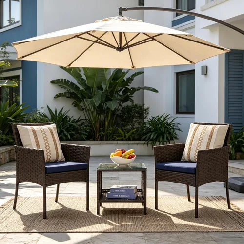 Vista 11 de 3 Piece Patio Furniture Set, Black Wicker Chairs with Blue Cushions Blue/Black