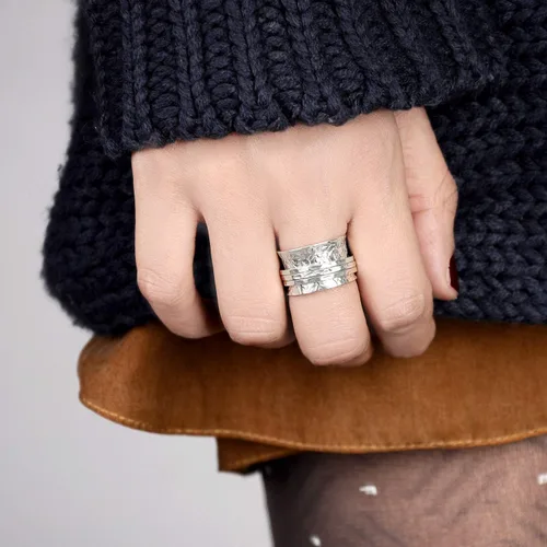 Vista 7 de Boho-Magic Anillo giratorio de plata de ley 925 con flores para mujer, anillo para aliviar la ansiedad, Metal