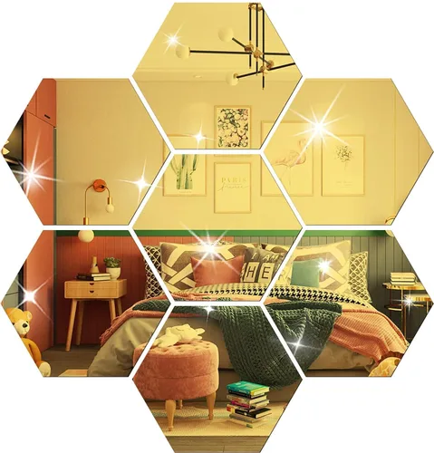 Vista 7 de Juego de calcomanías de pared para bricolaje, espejo hexagonal, decoración de sala de estar, dormitorio (dorado)