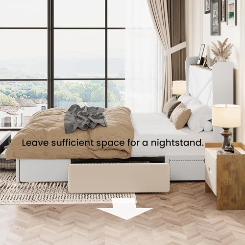 Vista 8 de SHA CERLIN Base de cama Queen con 3 cajones, puertos de carga USB y Type-C, cama de plataforma tapizada de terciopelo con cabecera de almacenamiento