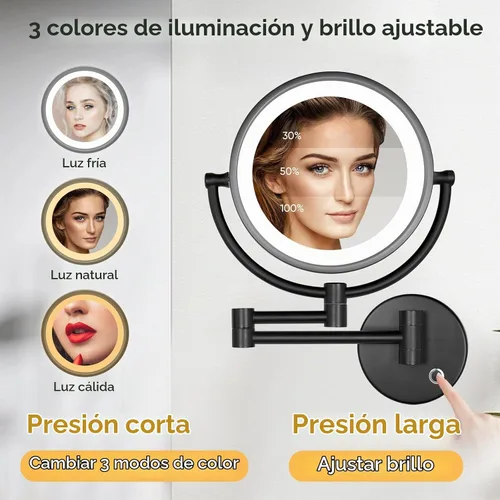Vista 2 de GURUN - Espejo de maquillaje LED con cable para montaje en pared