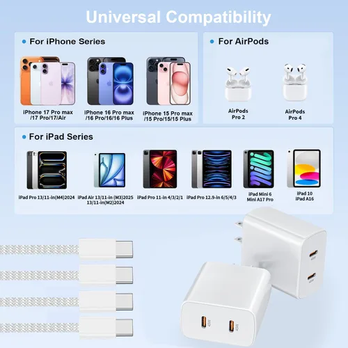 Vista 6 de Cargador súper rápido USB C de 45 W, paquete de 2 bloques de carga dual USB C para iPhone con cable trenzado tipo C a C de 3.3 pies de carga rápida