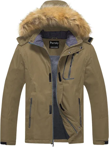 Vista 10 de Pursky Chaqueta de esquí impermeable para hombre, abrigos de nieve de invierno, abrigos con capucha de piel, parka