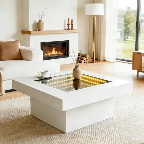 Vista 11 de FKWin Mesas de centro modernas negras – Mesa de centro cuadrada con espejo de profundidad infinita con luces LED, mesa negra para sala de estar