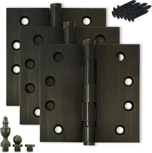 Vista 28 de Bisagra de puerta de latón macizo, rodamiento de bolas resistente, 4 x 4 pulgadas, con puntas decorativas de rosca incluidas, juego de 4 bisagras