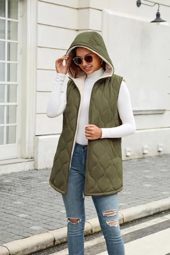 Vista 6 de ECOWISH Chaleco largo acolchado para mujer: chaqueta de forro polar reversible con cremallera para otoño 2025, abrigo de invierno cálido sin mangas