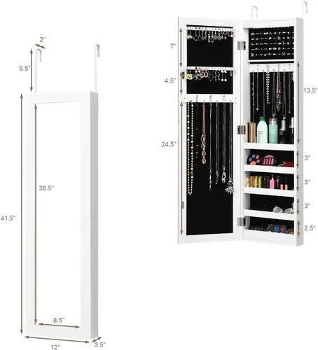 Vista 7 de Byroce Jewelry Armoire - Armario de pared para puerta, organizador de joyas con cerradura con espejo de longitud completa y 12 luces LED, armarios