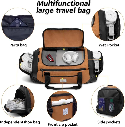 Vista 4 de Bolsa de lona para hombres bolsa de gimnasio 1000d material impermeable de nylon, Caqui2, 65 l, Viajes
