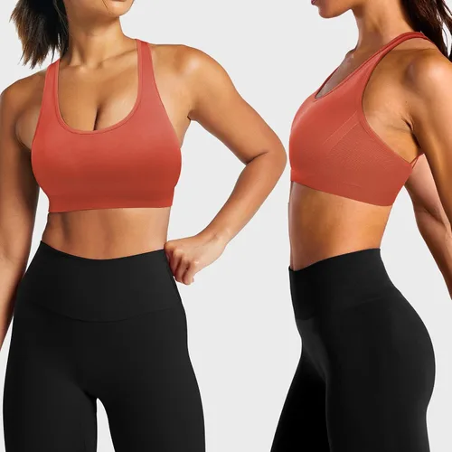 Vista 2 de Sujetador deportivo sin costuras acolchado con tiras para mujer, brasier de yoga, copas extraíbles para entrenamiento