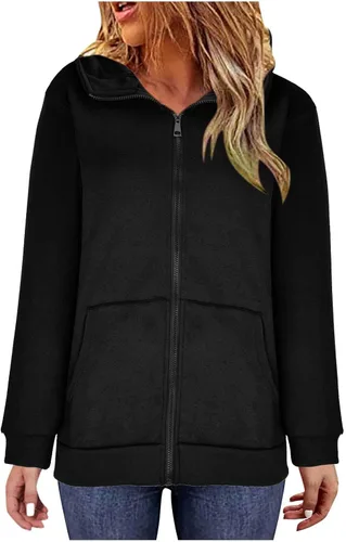 Vista 9 de DOLKFU Sudaderas con capucha de manga larga con cremallera para mujer, color liso, cómodas, holgadas, informales, para otoño