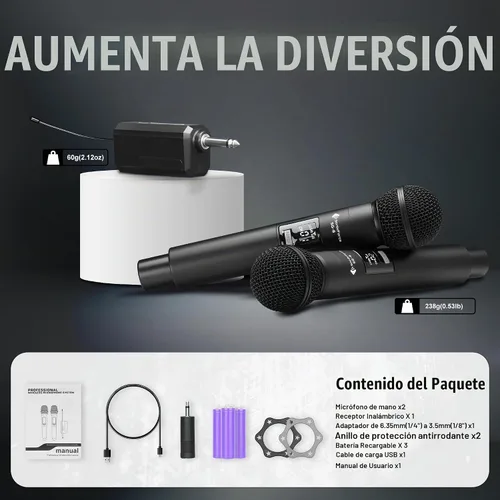 Vista 7 de Micrófono inalámbrico - Micrófono de karaoke para cantar - Micrófonos de mano dinámicos dobles recargables con receptor - Micrófono inalámbrico