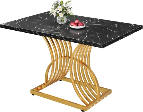 Vista 7 de Mesa de comedor moderna DWVO para 4 personas, mesa rectangular de 47 pulgadas para cocina con superficie de mármol sintético y patas geométricas