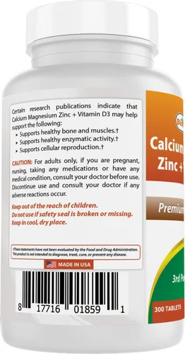 Vista 6 de Best Naturals Calcio y magnesio zinc con vitamina D3, 300 tabletas - Calcio 1000 mg, magnesio 400 mg, zinc 25 mg y D3 600 UI por porción (3 tabletas)