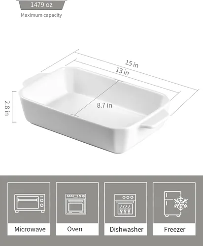 Vista 2 de Onniyor Plato de cerámica para hornear, bandeja para hornear con asas, cacerola para horno, plato grande para hornear, moldes para lasaña profundos