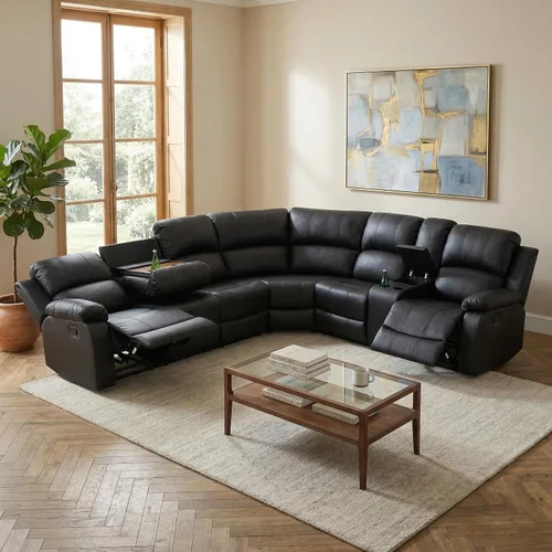Vista 20 de Juego de sofá seccional reclinable manual, juegos de muebles de sala de estar de cuero regenerado en forma de L, sofá de esquina seccional
