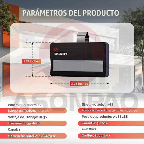 Vista 4 de ASONPAO Paquete de 3 unidades para control remoto de apertura de puerta de garaje LiftMaster 971LM