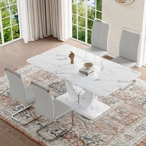 Vista 40 de Moderno juego de mesa de comedor de mármol sintético para 4, mesa de cocina rectangular blanca de 63 pulgadas con elegante base de pedestal