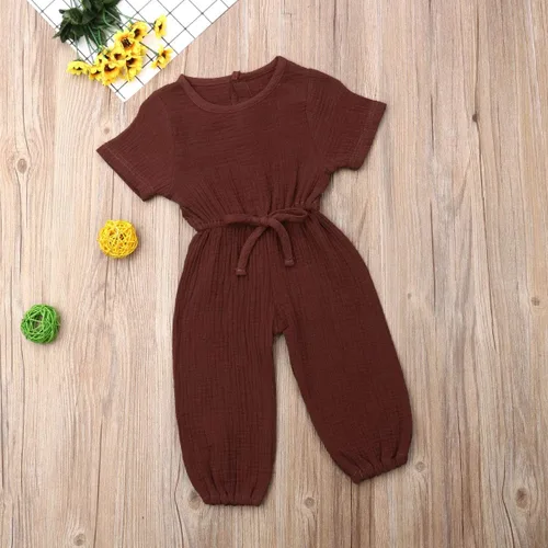 Vista 7 de Mubineo - Mameluco para bebé niña, de verano y otoño, diseño básico, de manga corta, con cordón, de algodón y lino Café