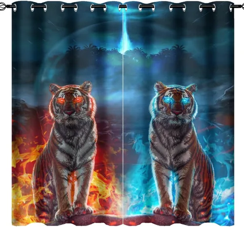 Vista 39 de Cool King of The Forest - Cortinas opacas con diseño de tigre anime, fantasía, animal, fuego, tigre, hielo, con ojales, ahorro de energía, 2