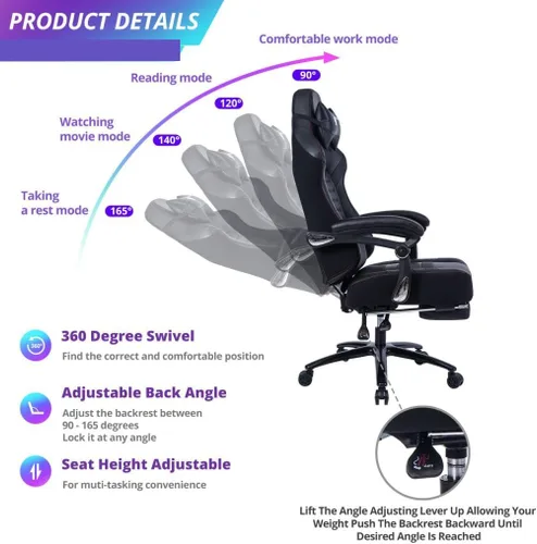 Vista 4 de Silla ergonómica para juegos con soporte lumbar de masaje y reposapiés retráctil, respaldo alto, estilo carreras, silla de computadora de oficina