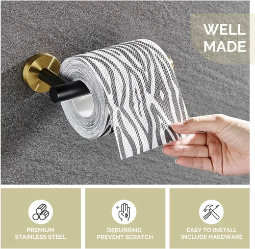 Vista 3 de Soporte de papel higiénico negro y dorado, colgador de papel higiénico de acero inoxidable para baño, dispensador de rollos de papel de tocador