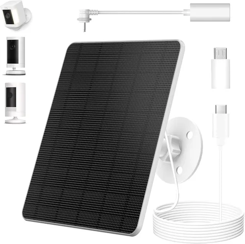 Vista 13 de Panel Solar de 5W de 2 Piezas para Cámara de Seguridad, Panel Solar con Puerto Micro USB y USB-C para Cámara para Exteriores con Batería Recargable