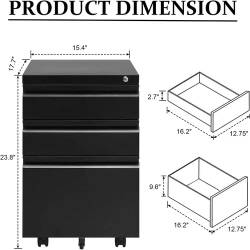 Vista 2 de Archivadores móviles de 3 cajones de metal con ruedas para archivos legales y de cartas, diseño anti-inclinación con cerradura debajo