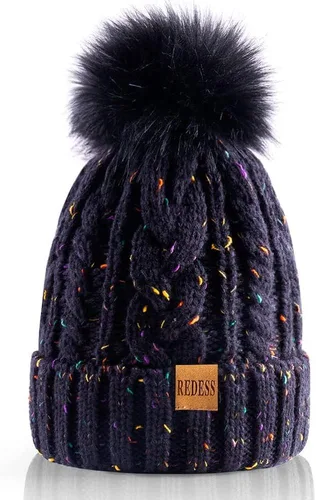Vista 14 de Redess Gorro de invierno con pompón y forro polar cálido, grueso y holgado, tejido, para la nieve, para esquiar, para mujer Beige