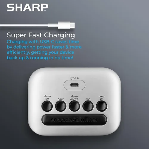 Vista 3 de Sharp Reloj despertador digital con puerto de carga USB-C súper rápido y pantalla LED verde