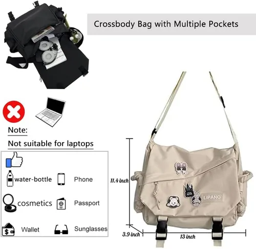 Vista 3 de Bolso cruzado estético con bonitos pines y adornos, bolsa de mensajero de nailon para el hombro, bolsa japonesa Kawaii para mujeres y hombres
