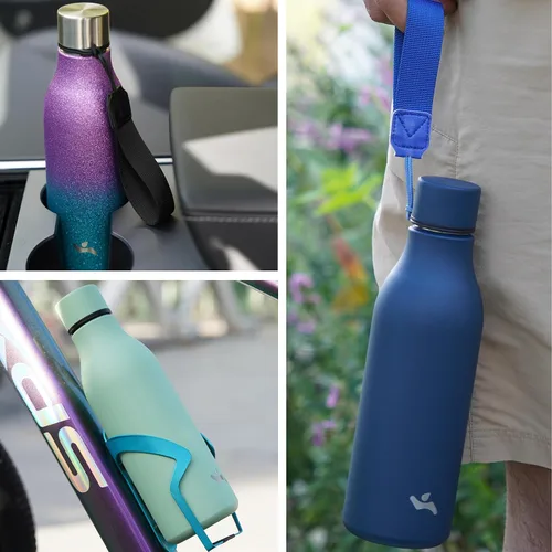 Vista 6 de Konokyo Botella de agua aislada con correa, botella de agua de acero inoxidable de 18 onzas de doble pared con aislamiento al vacío, frasco de Verde