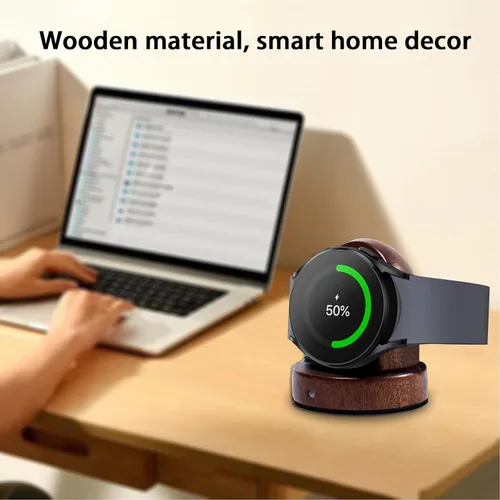 Vista 3 de Cargador de reloj de madera compatible con Samsung Galaxy Watch 8/7/6/6 Classic/5/5 Pro/4/4 Classic/3/Active 2, cargador de reloj inteligente