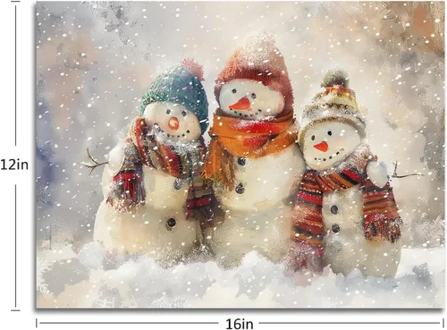 Vista 2 de gaosoul Lienzo de muñeco de nieve navideño para pared, lindo muñeco de nieve en pintura de paisaje nevado, póster navideño para sala de estar