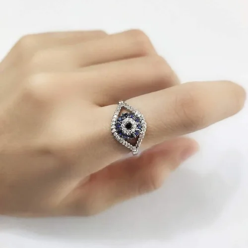 Vista 7 de Anillos de circonita cúbica de ojo turco azul para mujeres, hombres y niñas, chapado en plata esterlina, grueso, apilable, cola media, elegante
